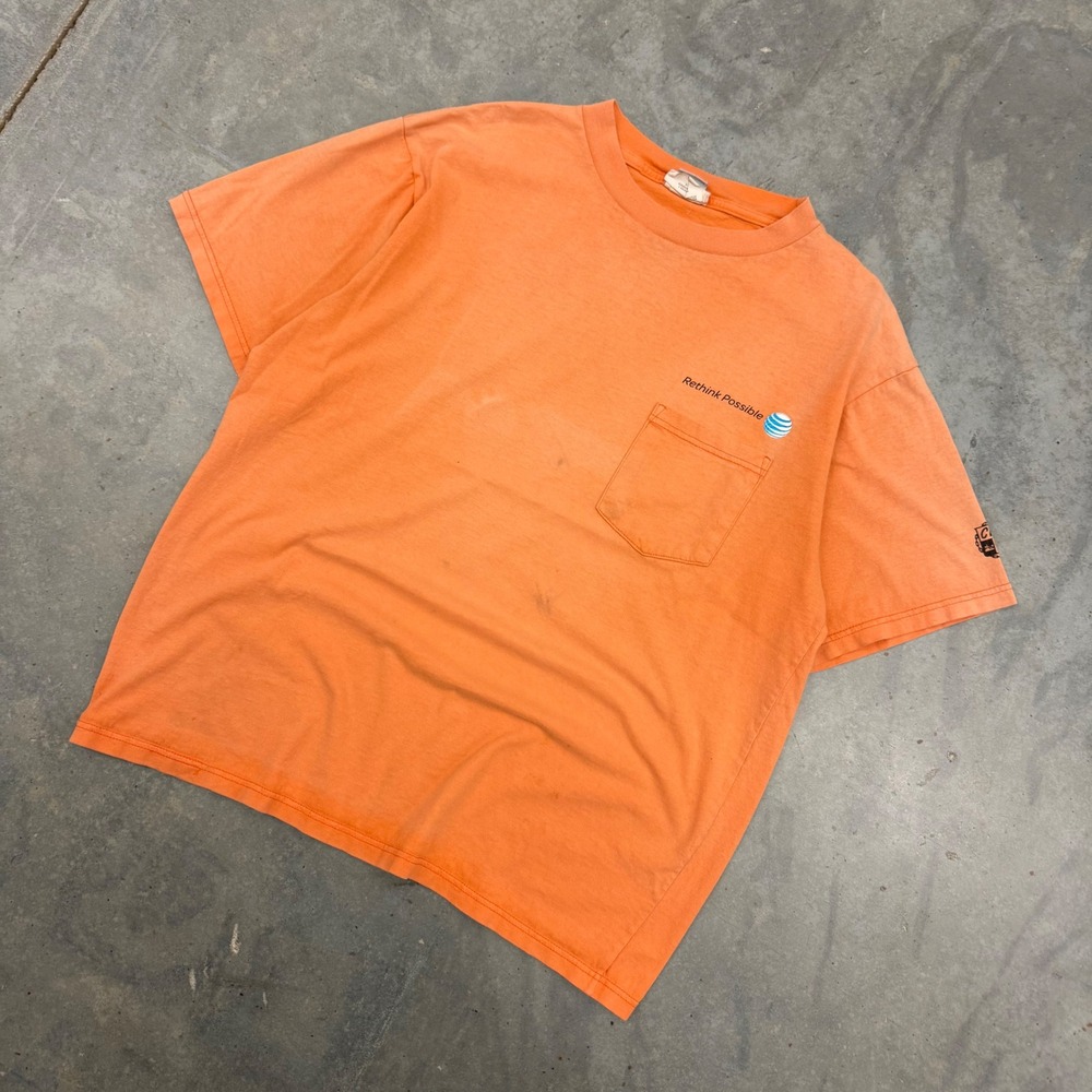 Y2K Mens AT&T Rethink Possible Pocket T-Shirt CWA Union Workwear Orange Large